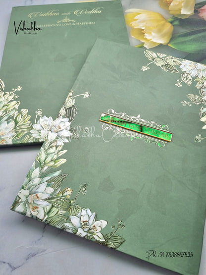 Semi Box Flower Hindu Muslim Christian Sikh pista green Colored invitation Cards SK-3374