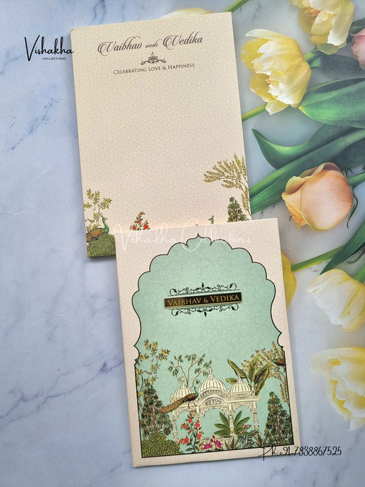 Peacock Semi Box Flower Hindu Muslim Christian Sikh yellow Colored invitation Cards SK-3376