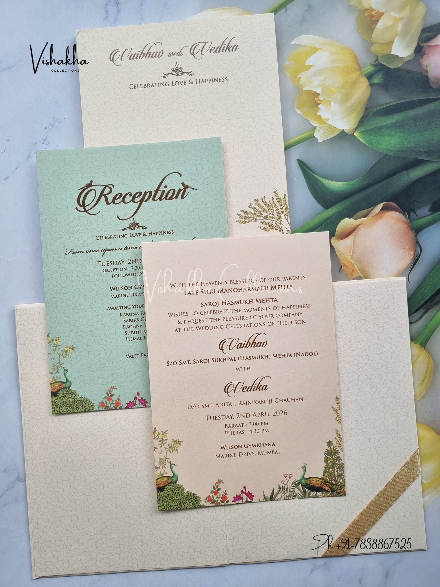 Peacock Semi Box Flower Hindu Muslim Christian Sikh yellow Colored invitation Cards SK-3376