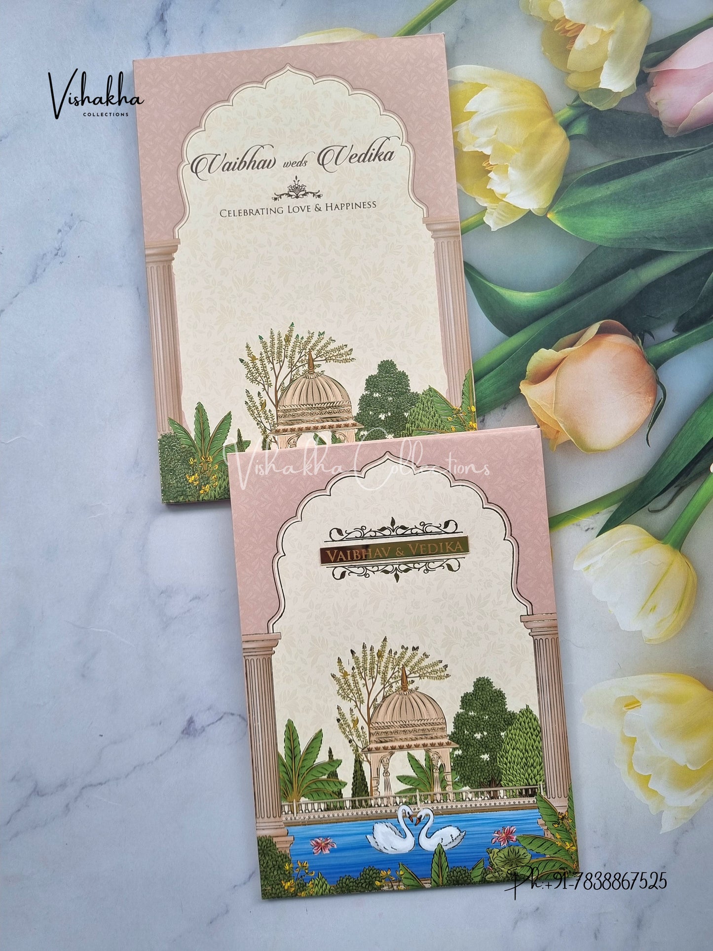 Semi Box Flower Hindu Muslim Christian Sikh peach Colored invitation Cards SK-3377