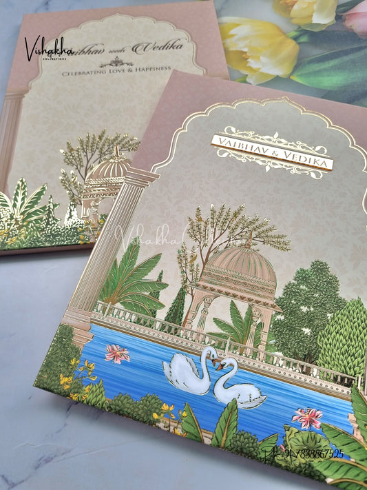 Semi Box Flower Hindu Muslim Christian Sikh peach Colored invitation Cards SK-3377