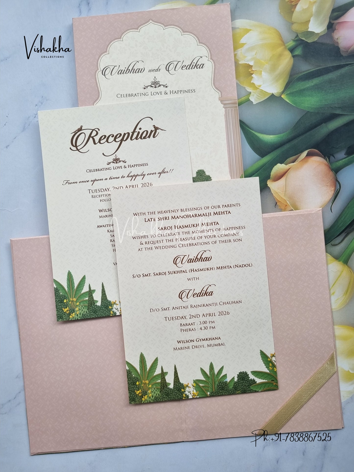 Semi Box Flower Hindu Muslim Christian Sikh peach Colored invitation Cards SK-3377