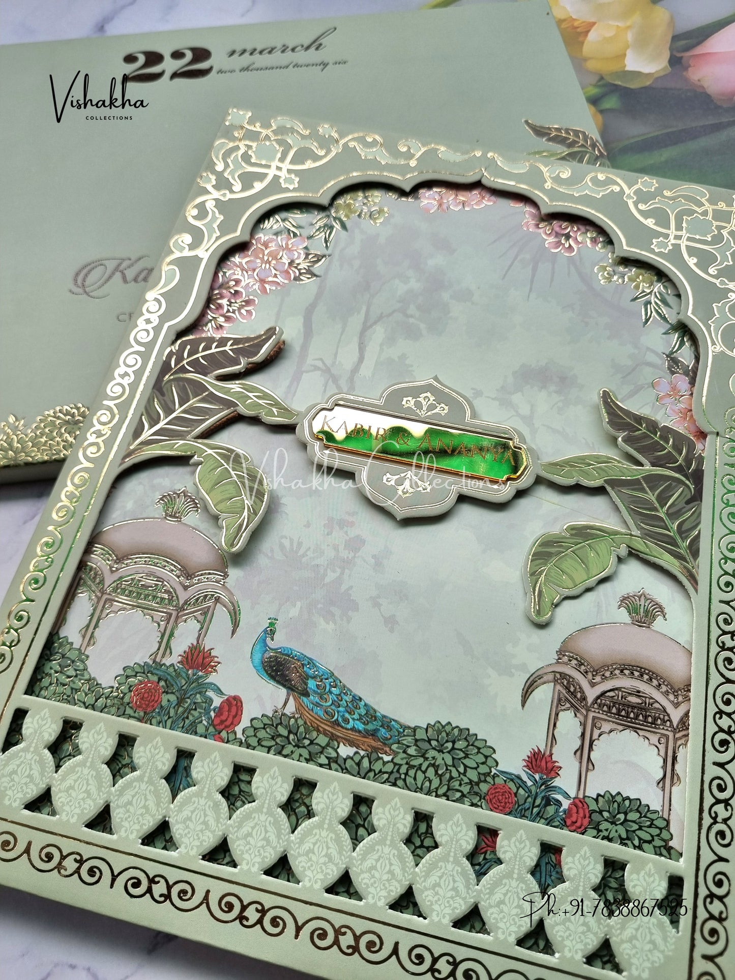 Peacock Hindu Muslim Christian Sikh Padded MDF Board Laser Cut pista green Colored invitation Cards SK-3381