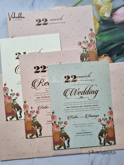 Hathi Hindu Muslim Christian Sikh Padded light peach Colored invitation Cards SK-3387