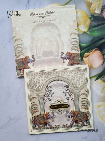 Hathi Hindu Muslim Christian Sikh Padded MDF Board Laser Cut light yellow Colored invitation Cards SK-3390