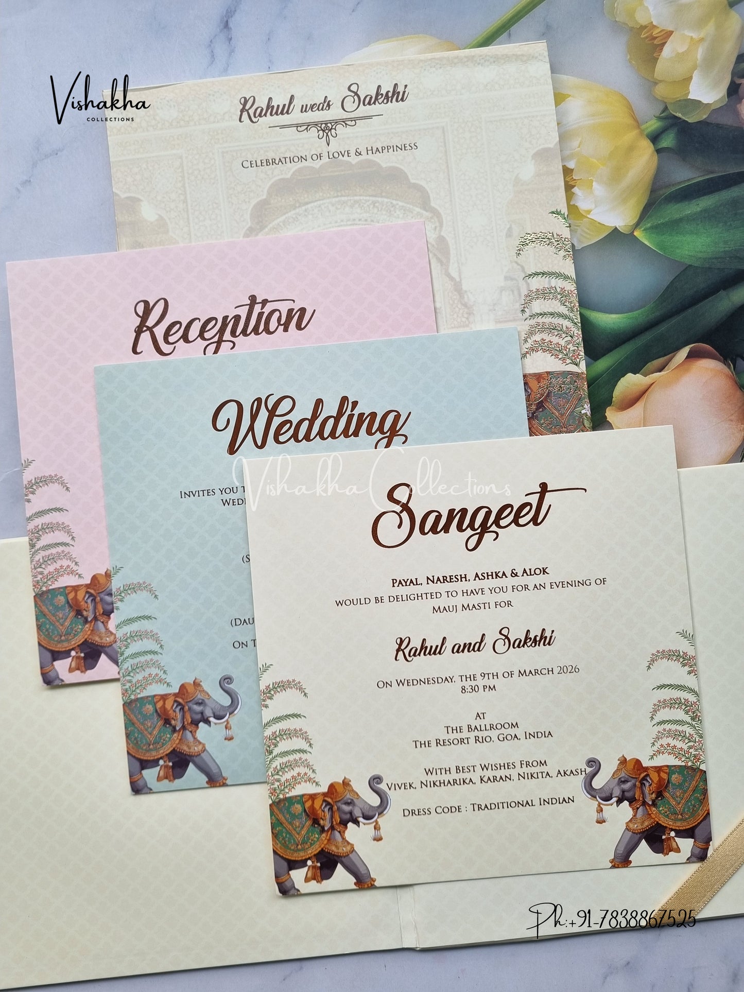 Hathi Hindu Muslim Christian Sikh Padded MDF Board Laser Cut light yellow Colored invitation Cards SK-3390