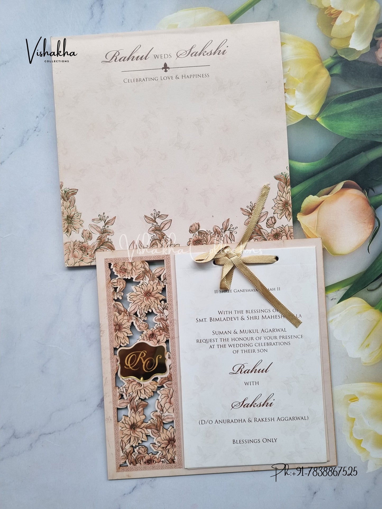 Semi Box Flower Hindu Muslim Christian Sikh MDF Board Laser Cut peach Colored invitation Cards SK-3391