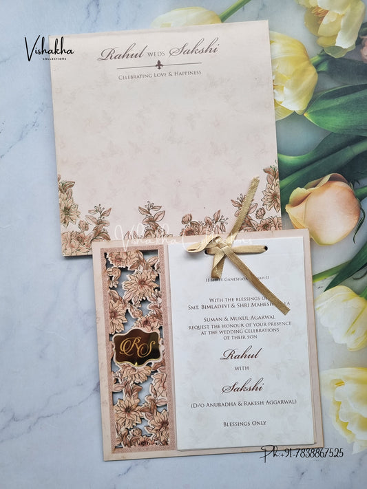 Semi Box Flower Hindu Muslim Christian Sikh MDF Board Laser Cut peach Colored invitation Cards SK-3391