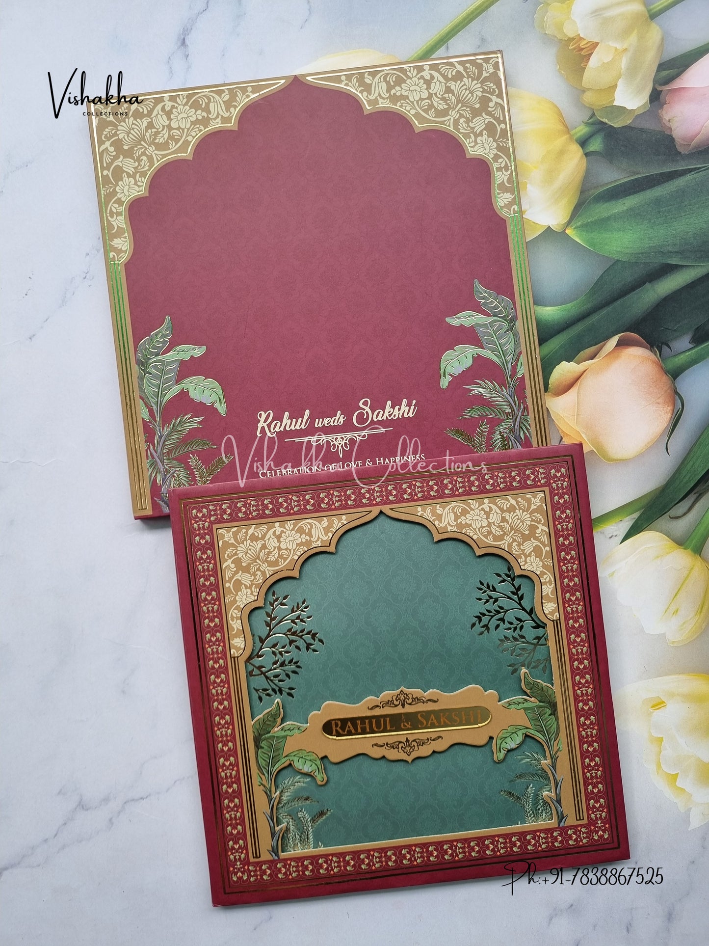 Semi Box Flower Hindu Muslim Christian Sikh MDF Board Laser Cut peach Colored invitation Cards SK-3391