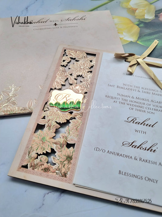 Semi Box Flower Hindu Muslim Christian Sikh MDF Board Laser Cut peach Colored invitation Cards SK-3391