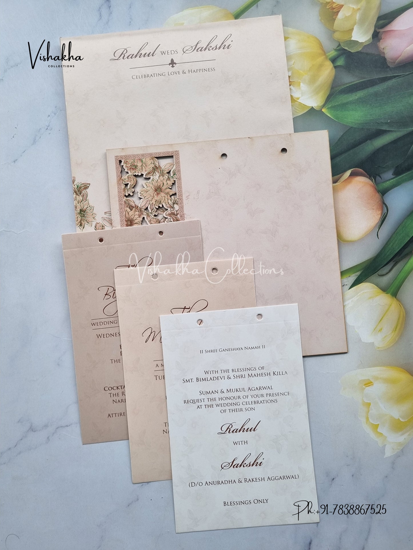 Semi Box Flower Hindu Muslim Christian Sikh MDF Board Laser Cut peach Colored invitation Cards SK-3391