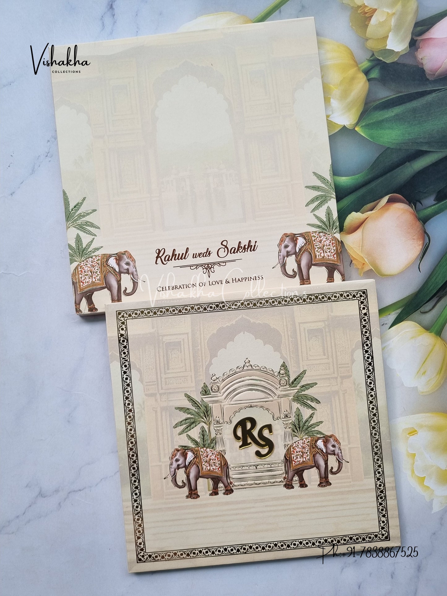 Hathi Hindu Muslim Christian Sikh Padded beige Colored invitation Cards SK-3395