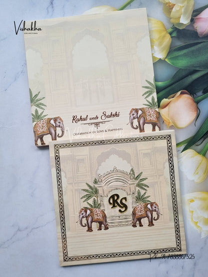 Hathi Hindu Muslim Christian Sikh Padded beige Colored invitation Cards SK-3395