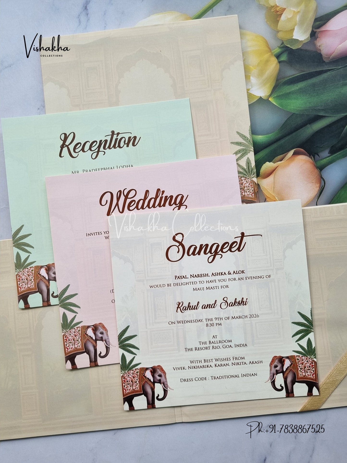 Hathi Hindu Muslim Christian Sikh Padded beige Colored invitation Cards SK-3395