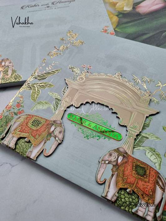 Hathi Hindu Muslim Christian Sikh Padded MDF Board Laser Cut pista green Colored invitation Cards SK-3400