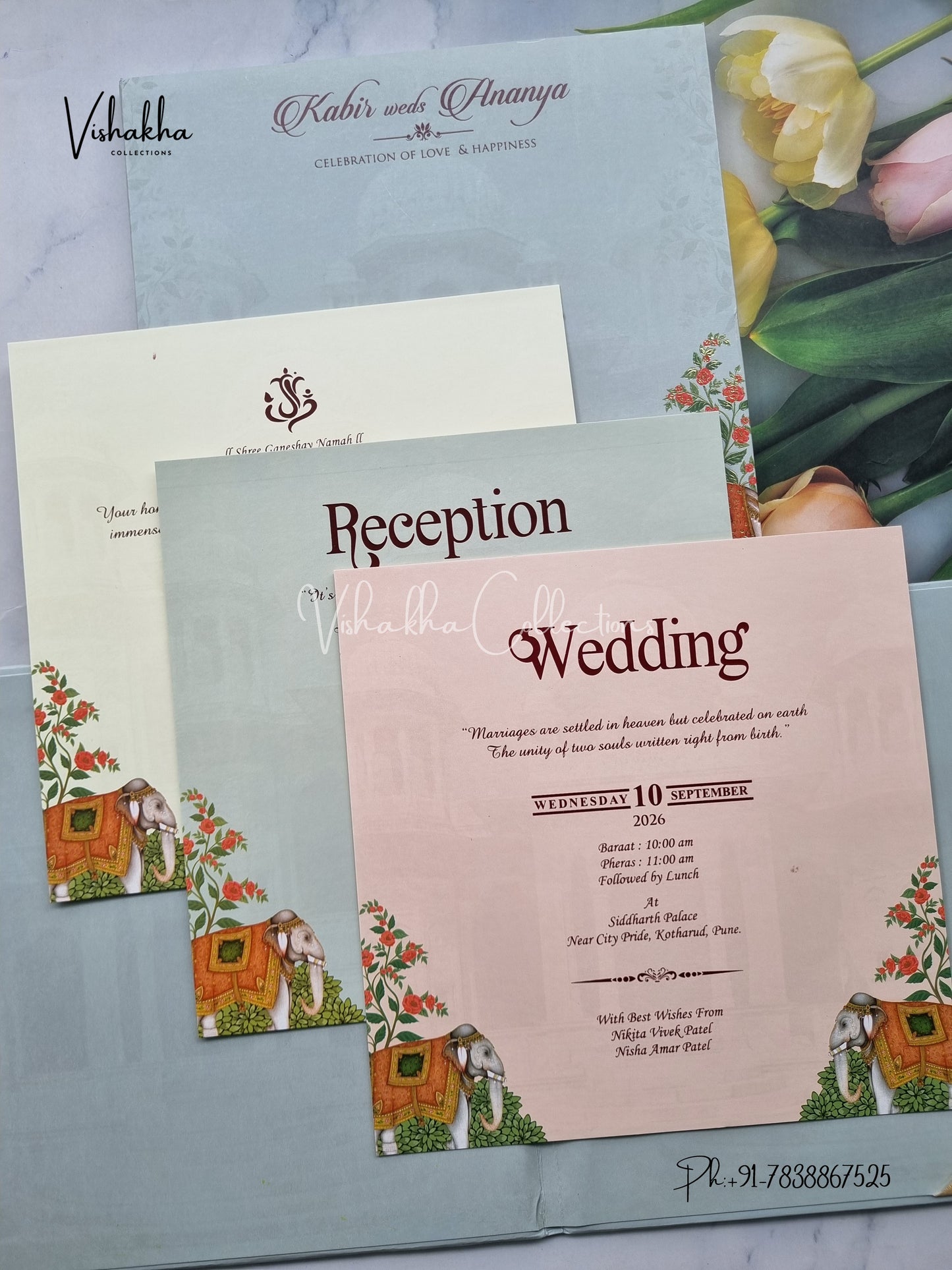 Hathi Hindu Muslim Christian Sikh Padded MDF Board Laser Cut pista green Colored invitation Cards SK-3400