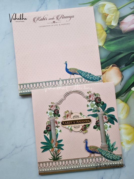 Peacock Hindu Muslim Christian Jain Sikh Padded MDF Board Laser Cut peach Colored invitation Cards SK-3401