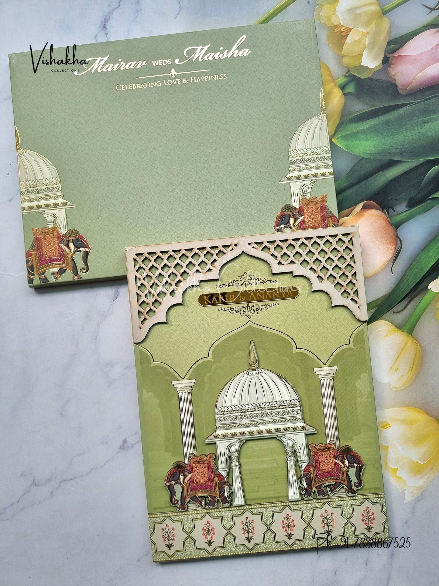 Hathi Hindu Muslim Christian Sikh Padded MDF Board Laser Cut light green Colored invitation Cards SK-3404