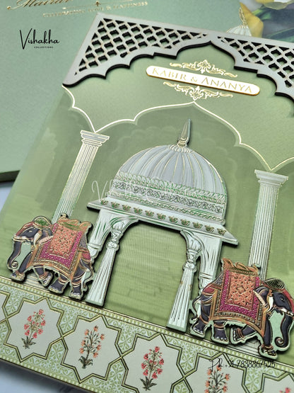 Hathi Hindu Muslim Christian Sikh Padded MDF Board Laser Cut light green Colored invitation Cards SK-3404