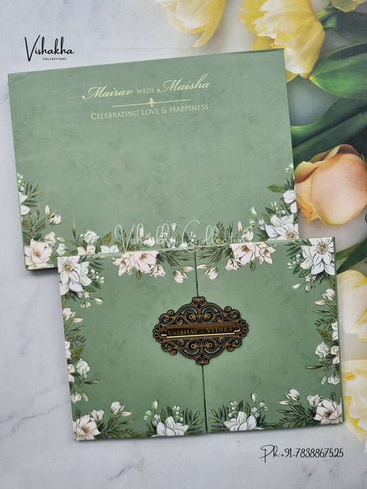 Semi Box Flower Double Door Hindu Muslim Christian Sikh green Colored invitation Cards SK-3408
