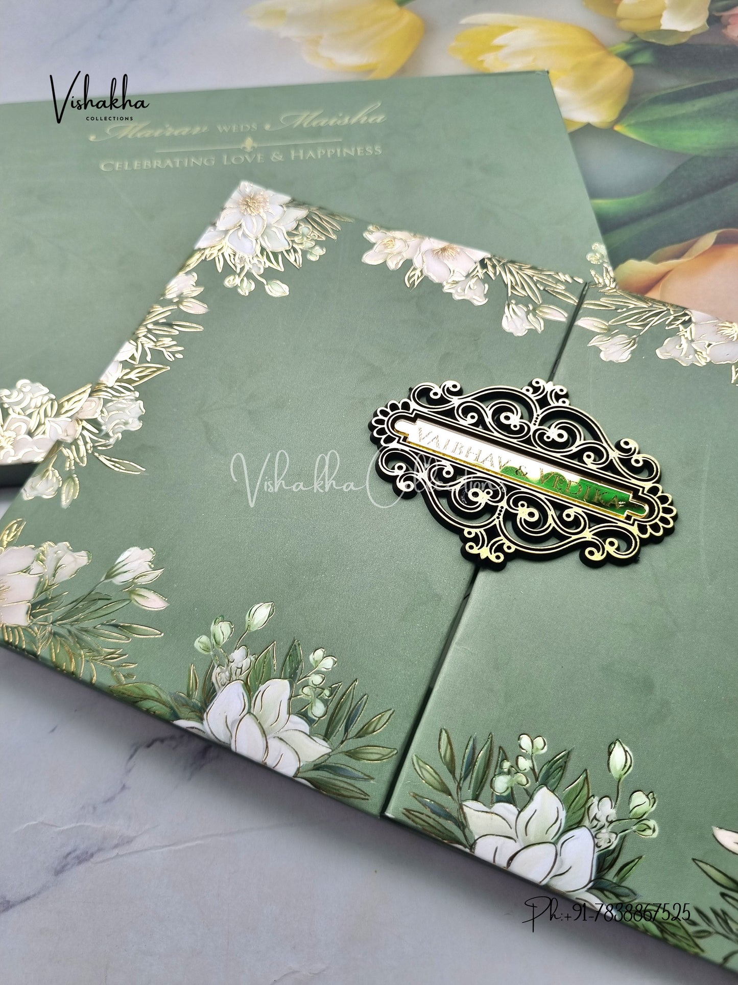 Semi Box Flower Double Door Hindu Muslim Christian Sikh green Colored invitation Cards SK-3408