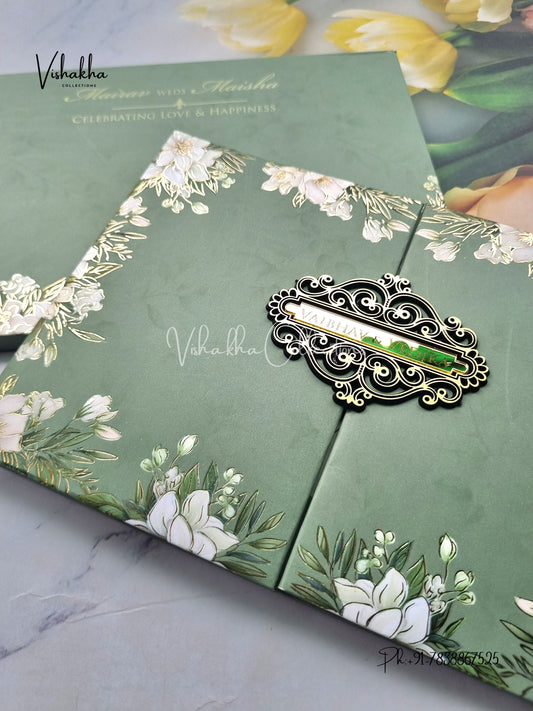 Semi Box Flower Double Door Hindu Muslim Christian Sikh green Colored invitation Cards SK-3408