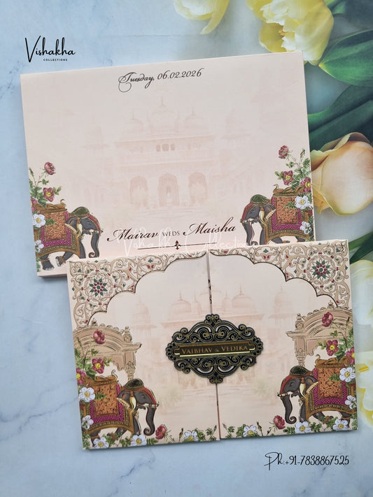 Semi Box Hathi Flower Double Door Hindu Muslim Christian Sikh pink Colored invitation Cards SK-3409