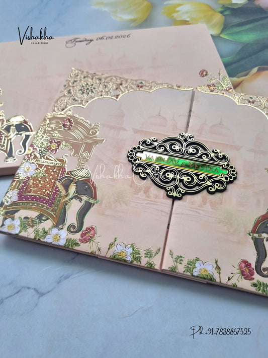 Semi Box Hathi Flower Double Door Hindu Muslim Christian Sikh pink Colored invitation Cards SK-3409