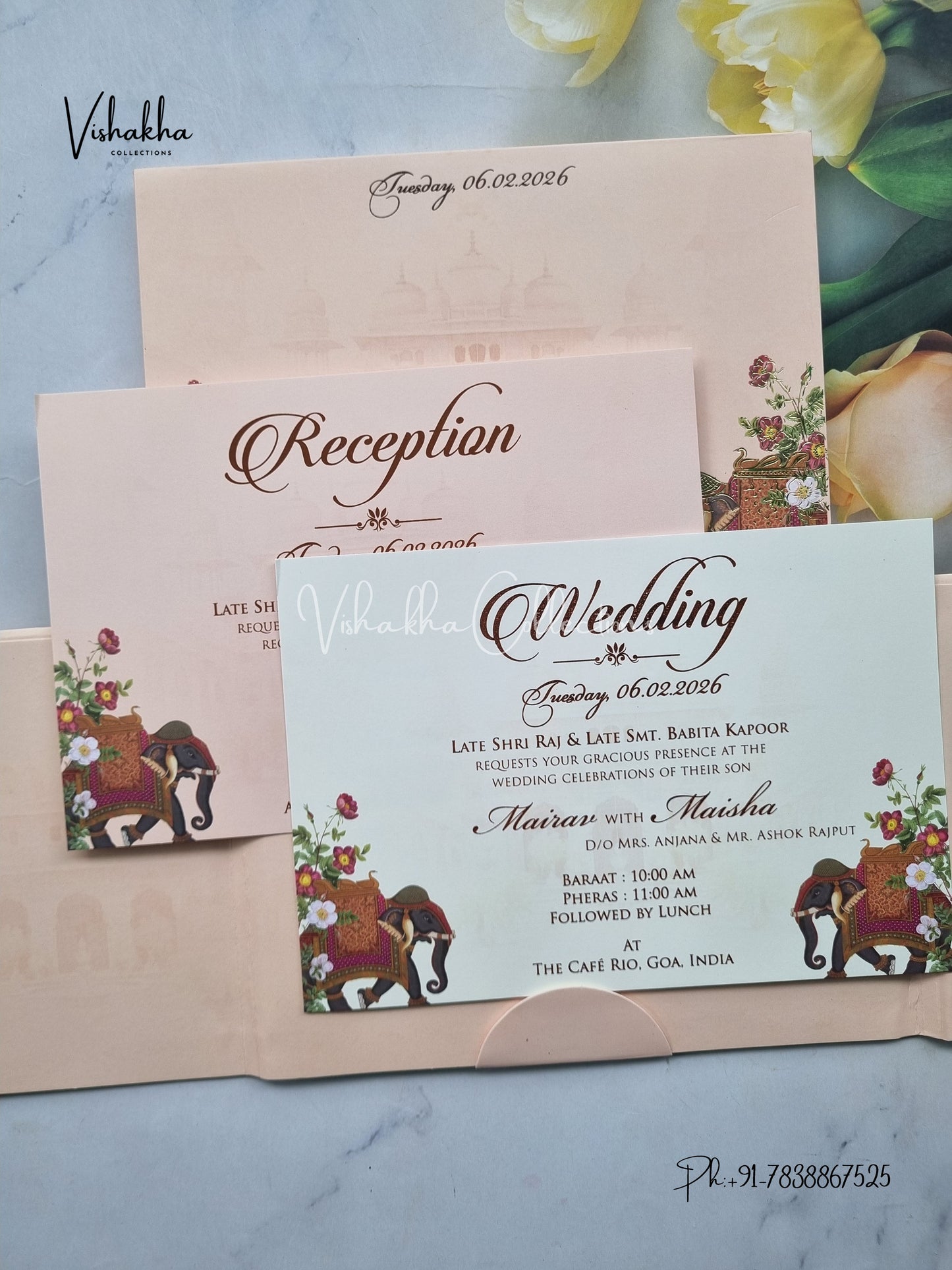 Semi Box Hathi Flower Double Door Hindu Muslim Christian Sikh pink Colored invitation Cards SK-3409