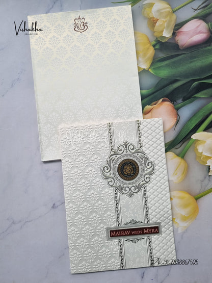 Semi Box Ganesh Ji Hindu white Colored invitation Cards SK-3422