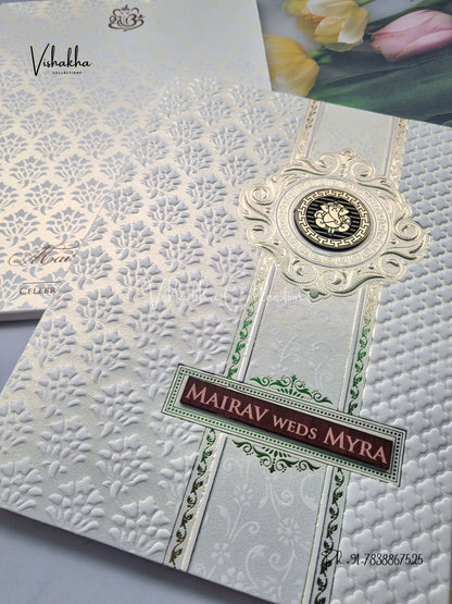 Semi Box Ganesh Ji Hindu white Colored invitation Cards SK-3422