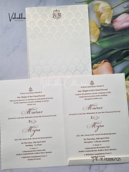 Semi Box Ganesh Ji Hindu white Colored invitation Cards SK-3422