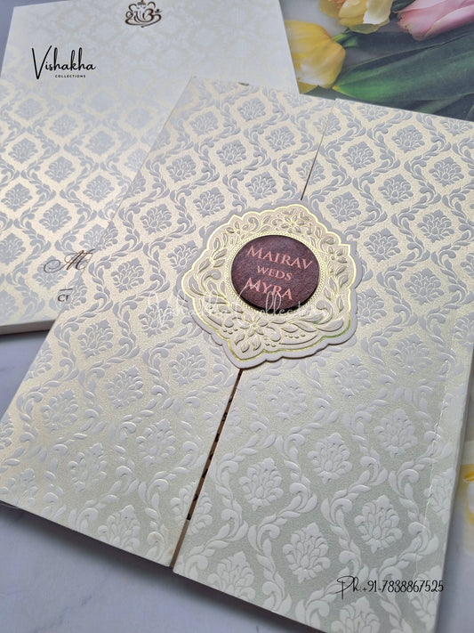 Semi Box Double Door Hindu Muslim Christian Sikh white Colored invitation Cards SK-3425