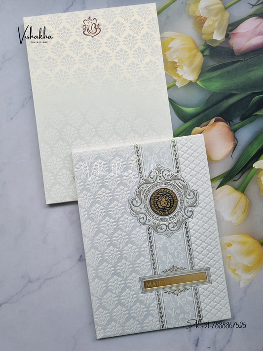 Semi Box Ganesh Ji Hindu Padded white Colored invitation Cards SK-3427