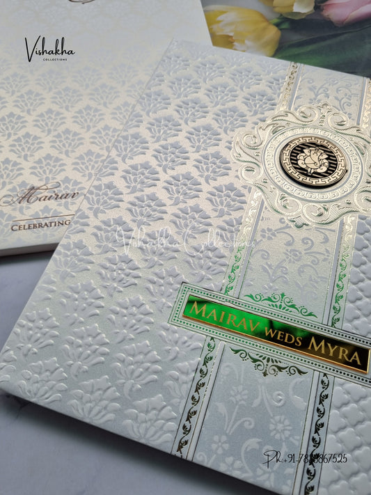 Semi Box Ganesh Ji Hindu Padded white Colored invitation Cards SK-3427
