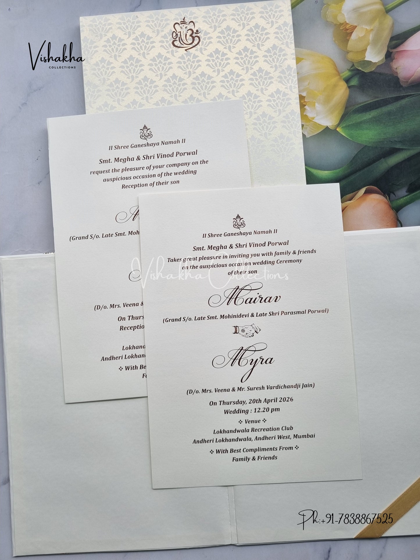 Semi Box Ganesh Ji Hindu Padded white Colored invitation Cards SK-3427