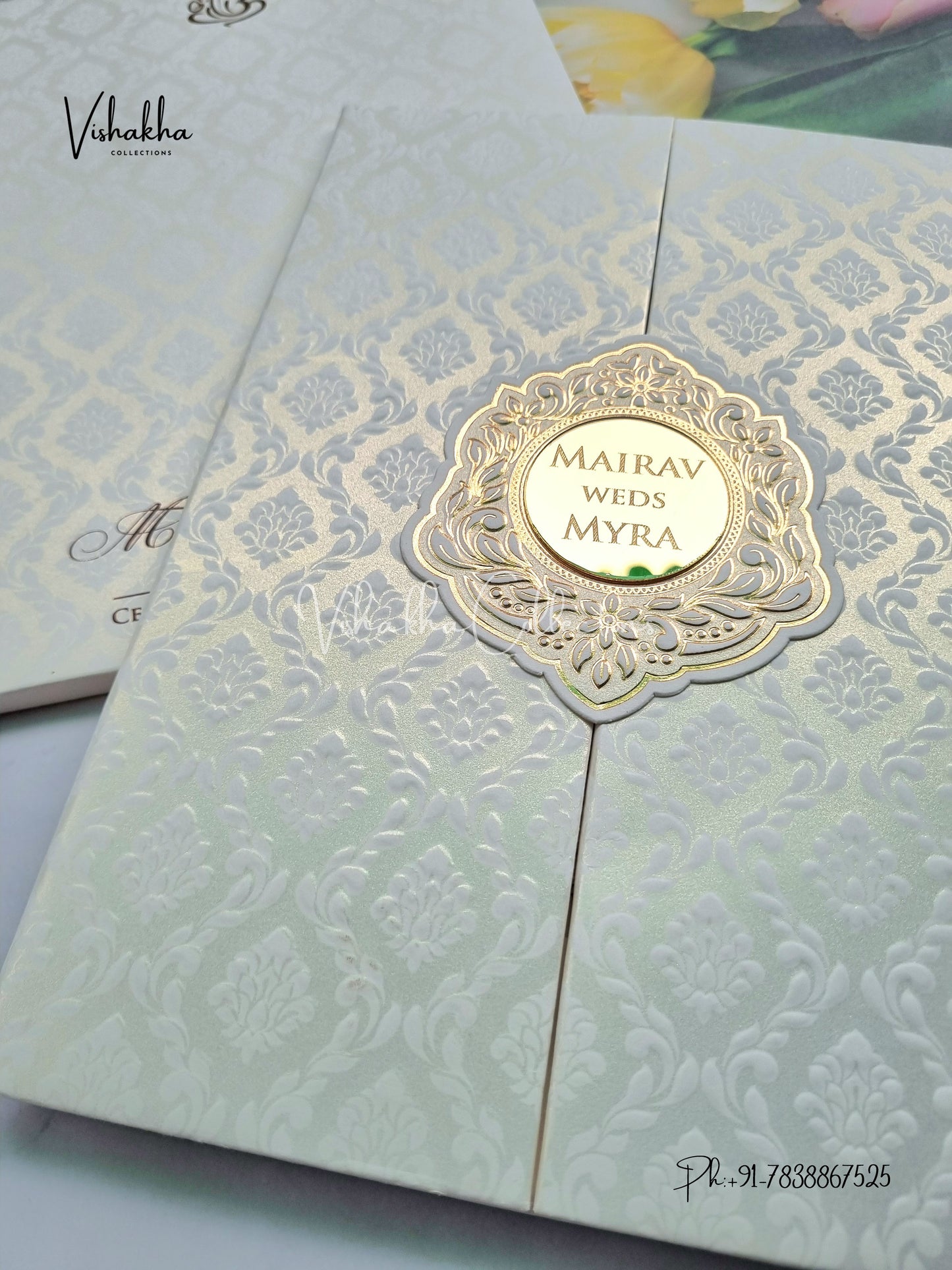 Semi Box Double Door Hindu Muslim Christian Sikh Padded white Colored invitation Cards SK-3430