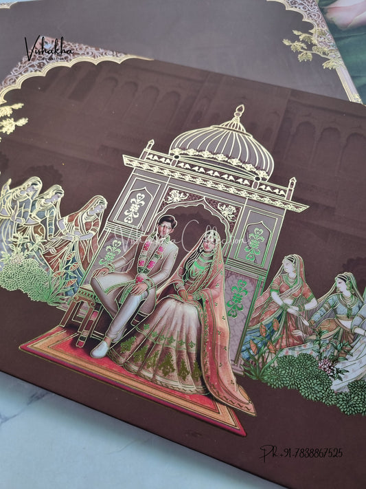 Hindu Muslim Christian Sikh Padded MDF Board Laser Cut dark brown Colored invitation Cards SK-3449