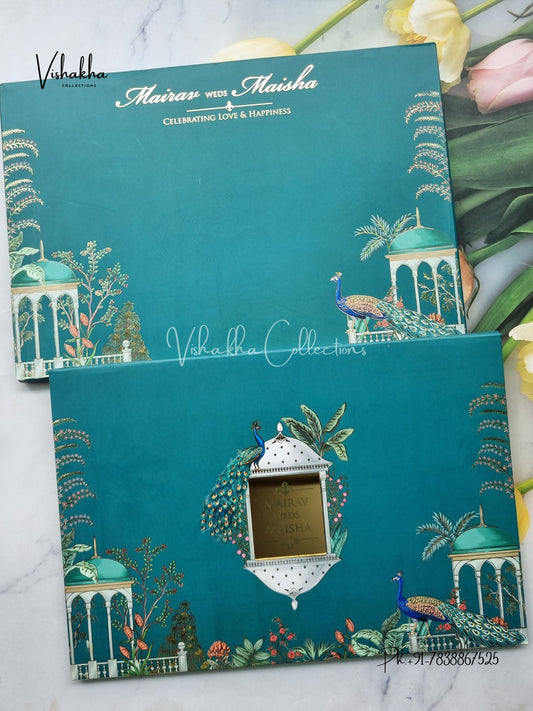Peacock Hindu Muslim Christian Sikh Padded teal green Colored invitation Cards SK-3450