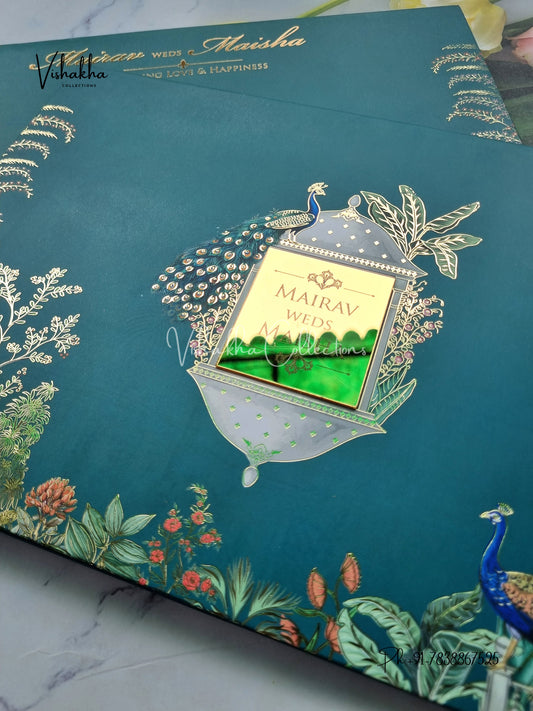 Peacock Hindu Muslim Christian Sikh Padded teal green Colored invitation Cards SK-3450