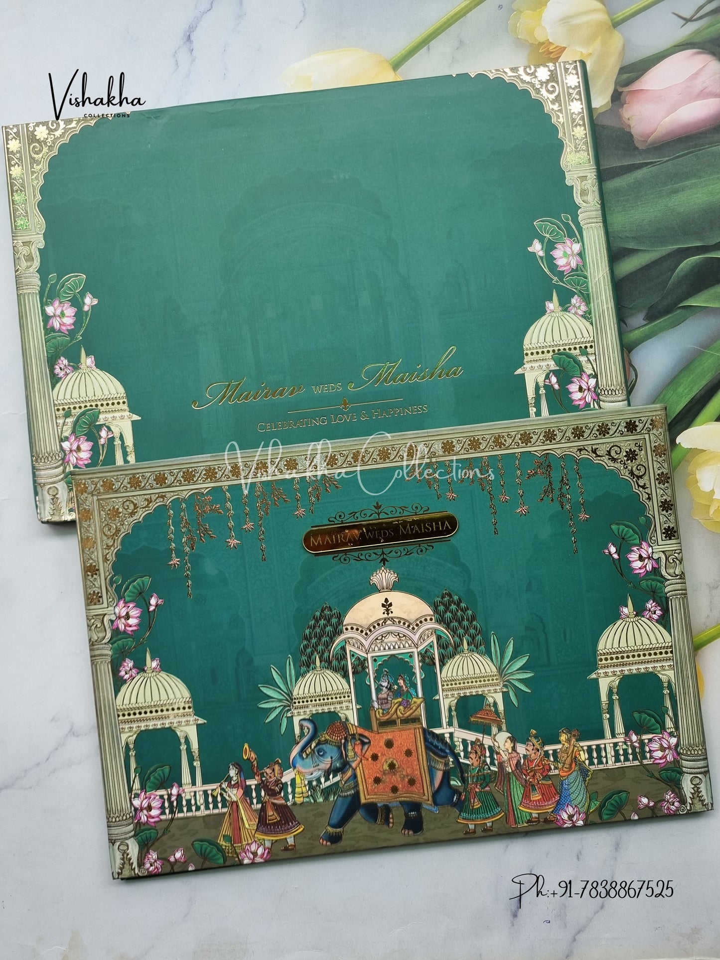 Hathi Hindu Muslim Christian Sikh Padded dark green Colored invitation Cards SK-3451
