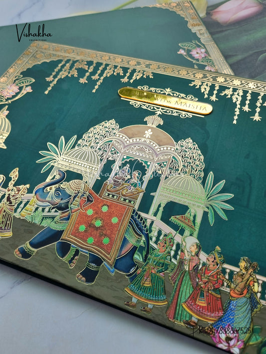 Hathi Hindu Muslim Christian Sikh Padded dark green Colored invitation Cards SK-3451