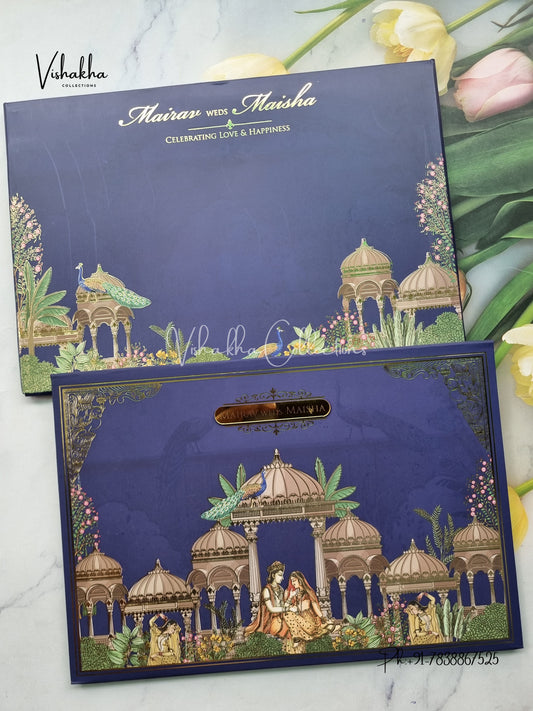 Peacock Hindu Muslim Christian Sikh Padded navy blue Colored invitation Cards SK-3452
