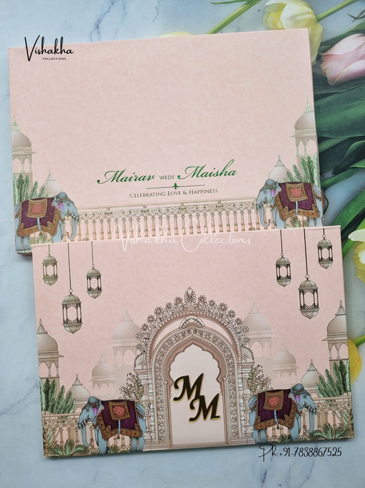 Hathi Hindu Muslim Christian Sikh Padded peach Colored invitation Cards SK-3453