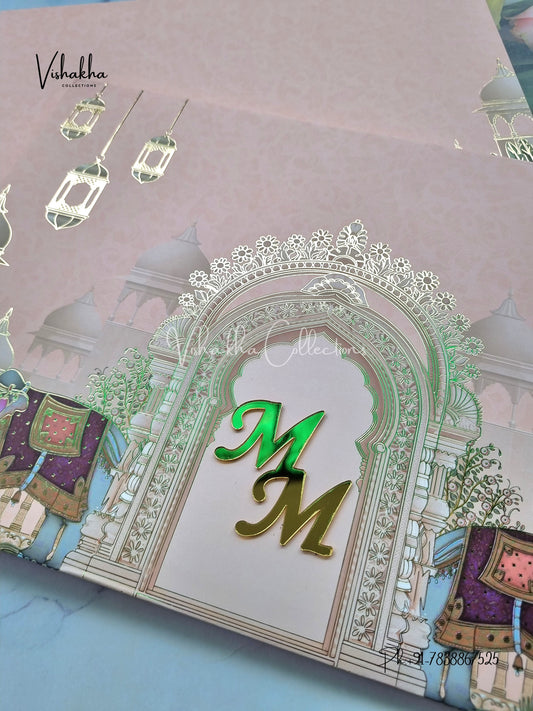 Hathi Hindu Muslim Christian Sikh Padded peach Colored invitation Cards SK-3453