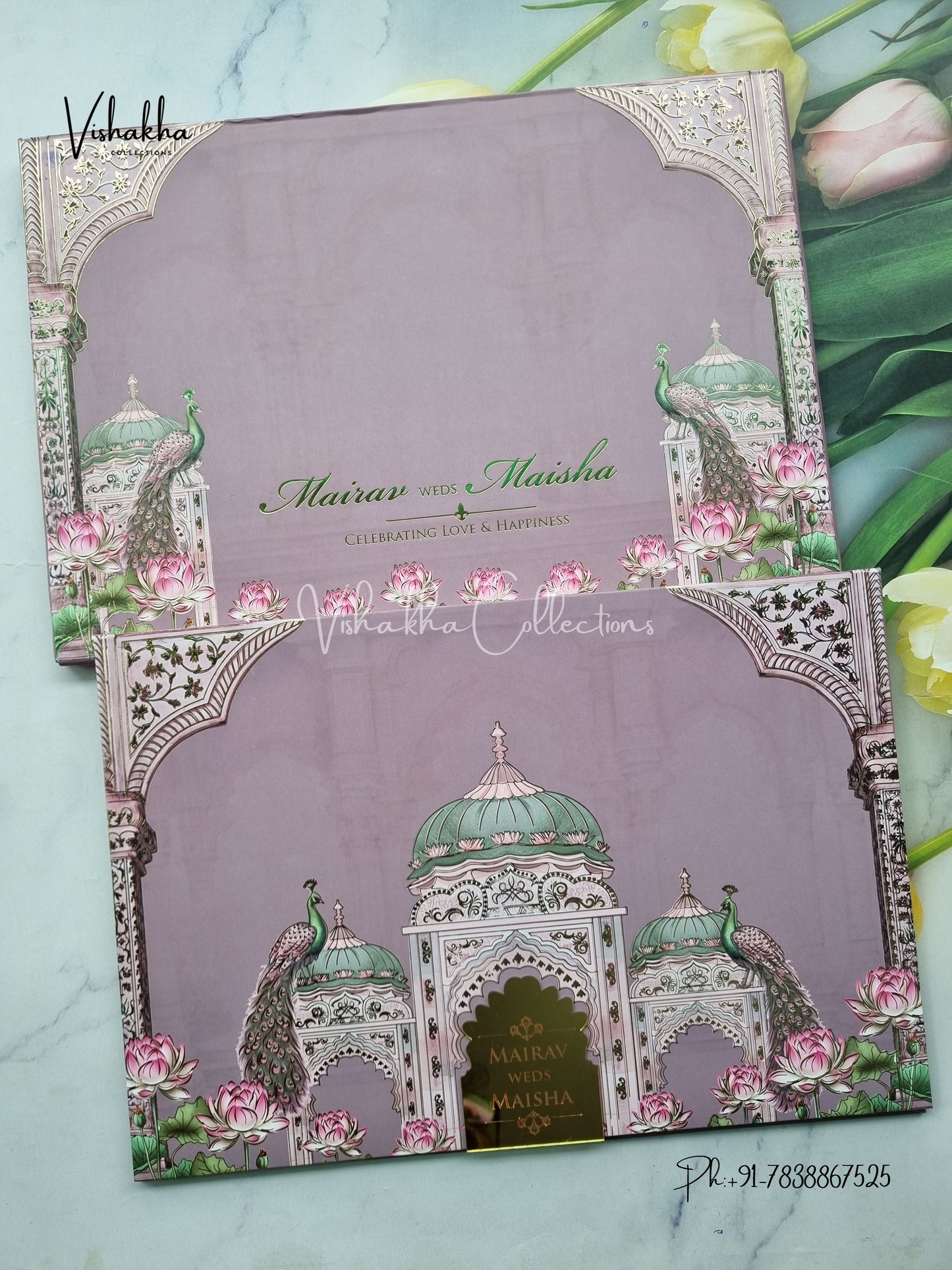 Peacock Hindu Muslim Christian Sikh Padded liliac Colored invitation Cards SK-3454