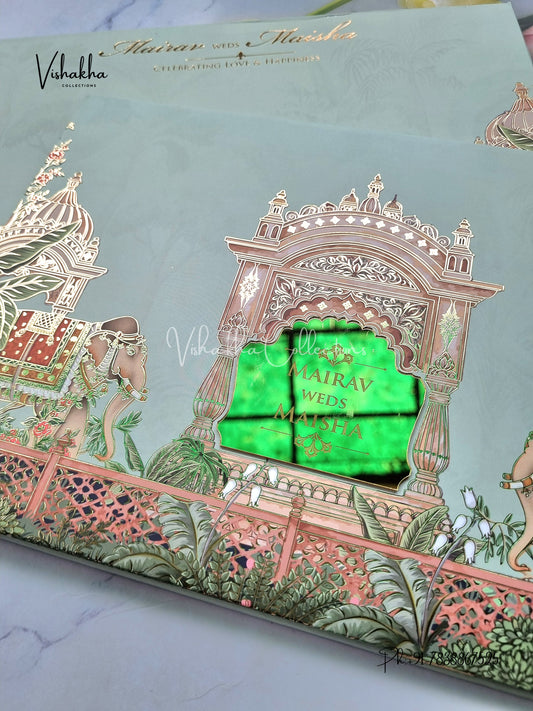 Hathi Hindu Muslim Christian Sikh Padded pista green Colored invitation Cards SK-3455