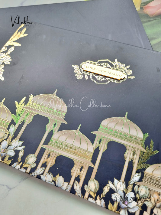 Hindu Muslim Christian Sikh Padded dark blue Colored invitation Cards SK-3457