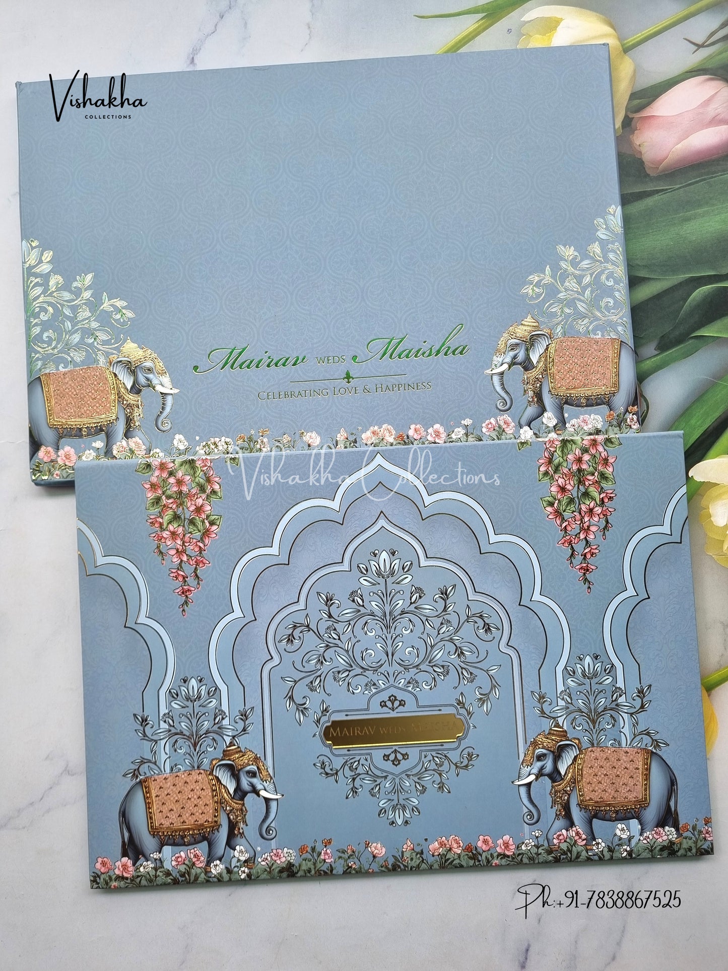 Hathi Hindu Muslim Christian Sikh Padded greyish green Colored invitation Cards SK-3458