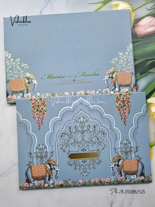 Hathi Hindu Muslim Christian Sikh Padded greyish blue Colored invitation Cards SK-3458